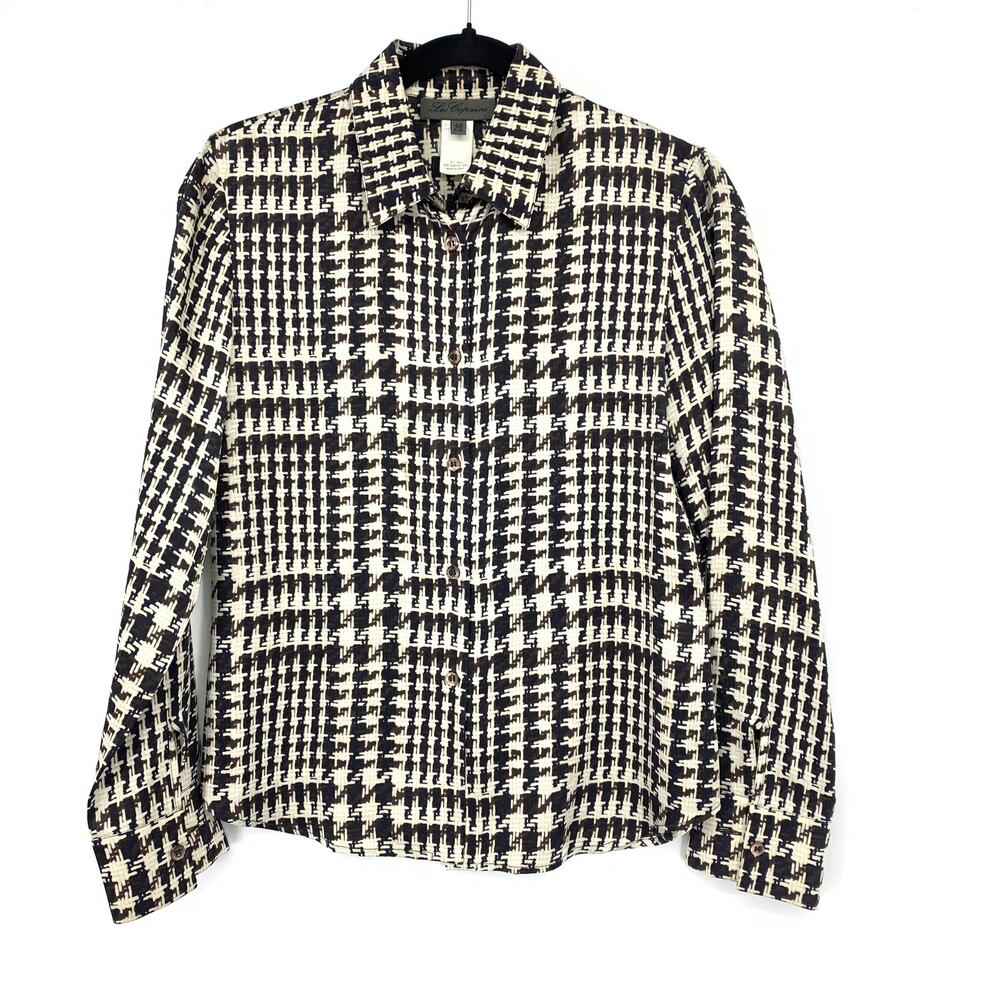 Les Copains Plaid Houndstooth Collared Silk Button Up Blouse Womens Sz 40 US 4